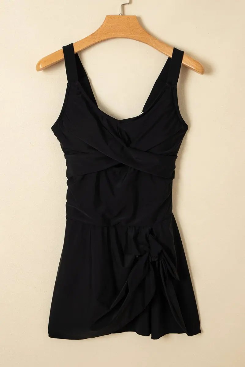 Black Adjustable Straps Cutout Ruched Knot Slit Swim Dress - Love Salve